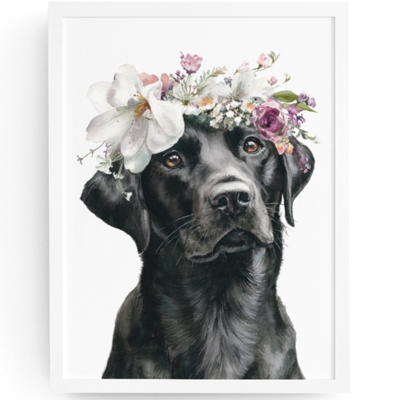 Watercolor Labrador Retriever with Flower Crown Portrait Wall Art Print Unframed - Picture 1 of 7